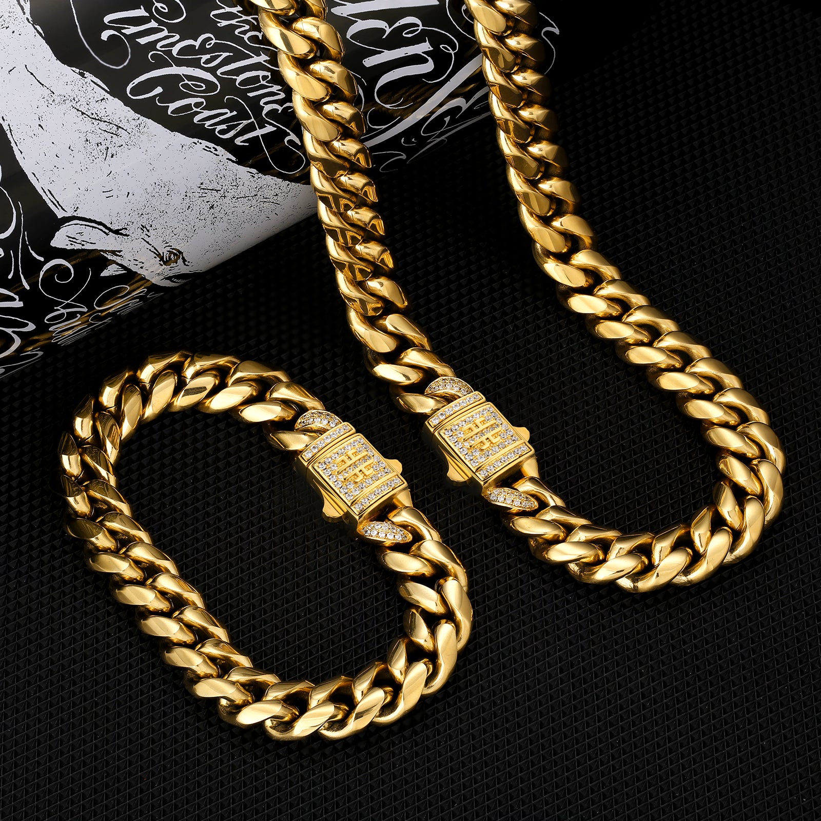 KRKC 【セット】 12mm ステンレス 喜平キューバンネックレス&ブレスレット 18金 18kゴールド メンズ