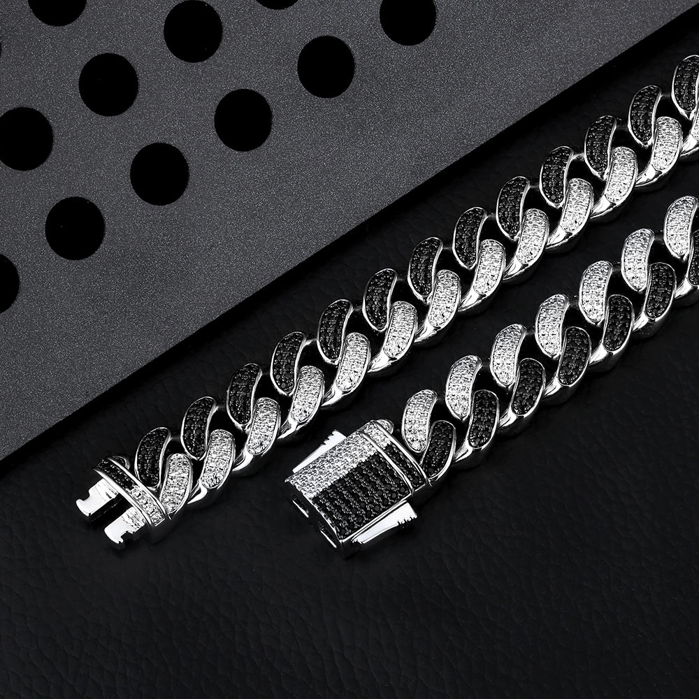 12MM ホワイトゴールドキューバン喜平ブレスレット白＋黒ジルコニア - jpkrkc&co
