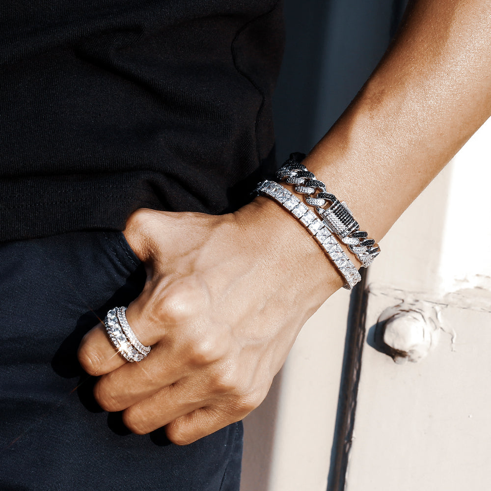 12MM ホワイトゴールドキューバン喜平ブレスレット白＋黒ジルコニア - jpkrkc&co