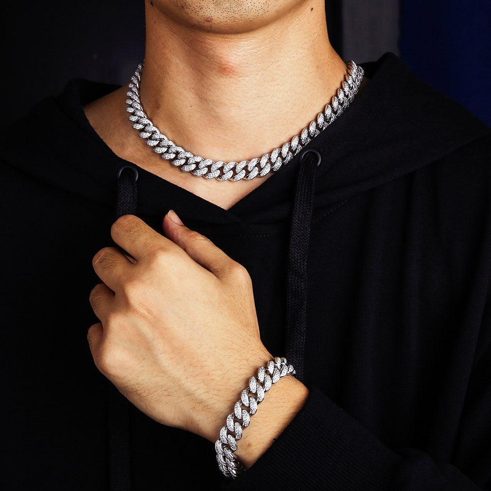 【セット】12MM ホワイトゴールドキューバンネックレス&ブレスレット - jpkrkc&co