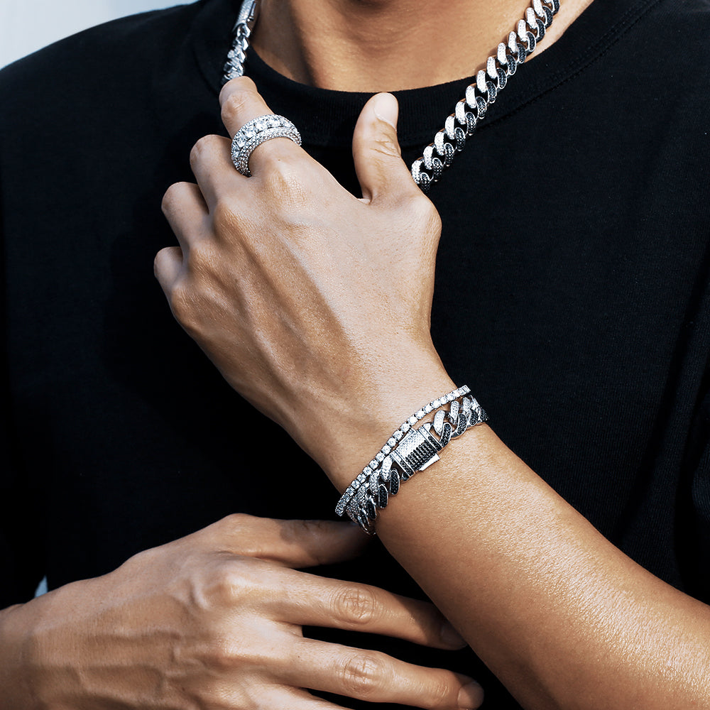 12MM ホワイトゴールドキューバン喜平ブレスレット白＋黒ジルコニア - jpkrkc&co