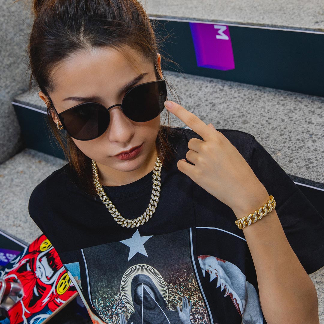 KRKC 12mm CZダイヤ 喜平キューバンブレスレット ホワイトゴールド/14Kゴールド レディース