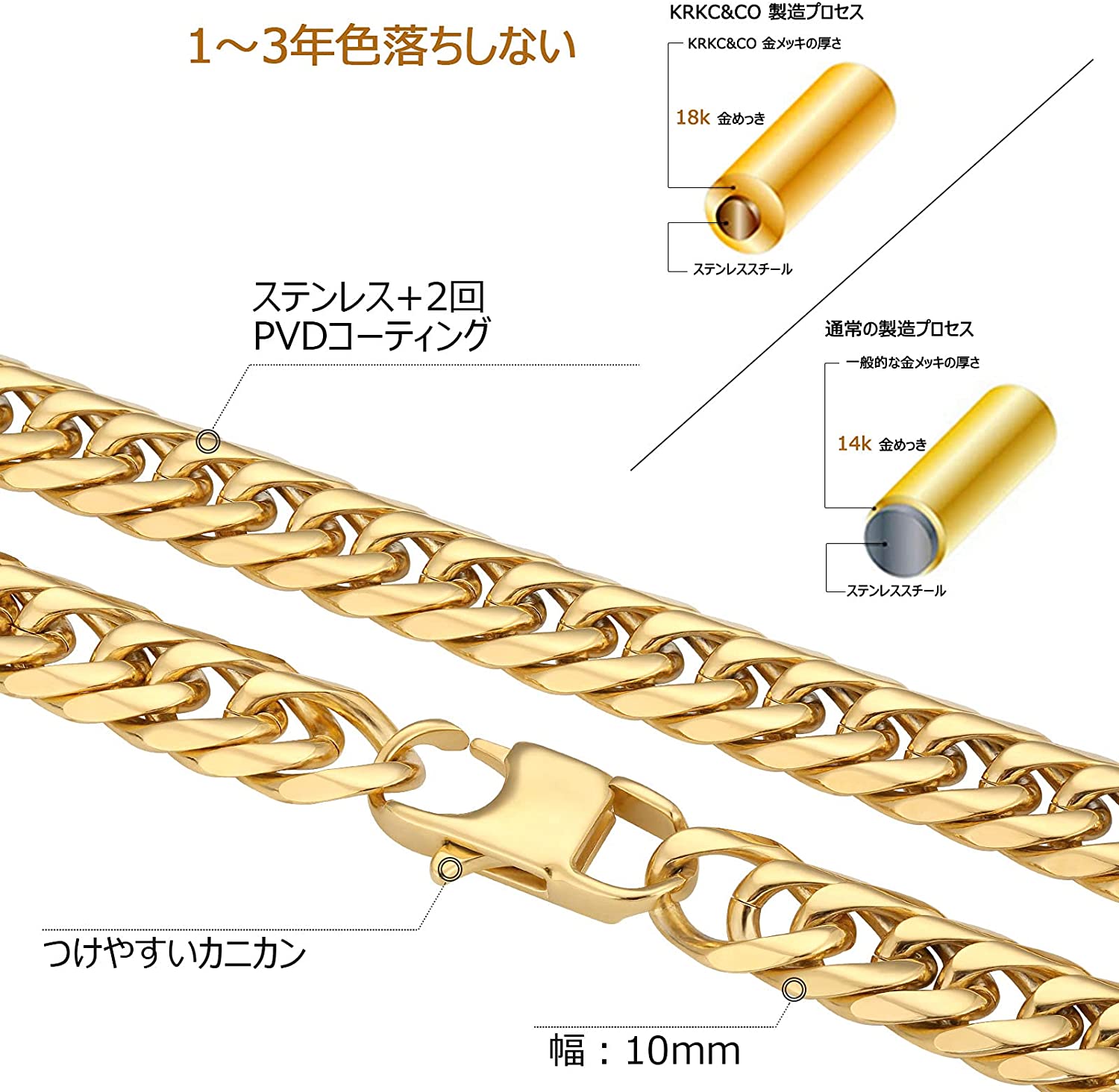 6面 ダブル 喜平 ネックレス 10mm 45cm-65cm 18金 KRKC