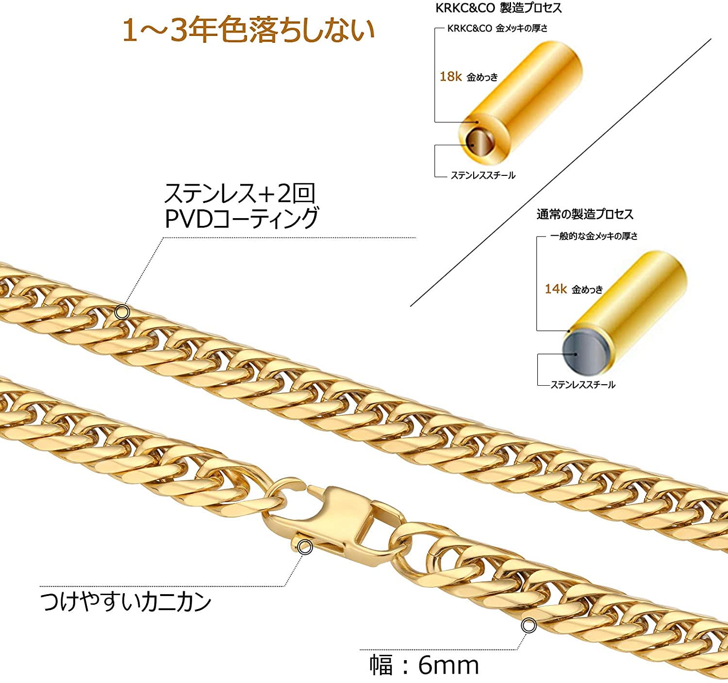 6面 ダブル 喜平 ネックレス 6mm 45cm-65cm 18金 KRKC