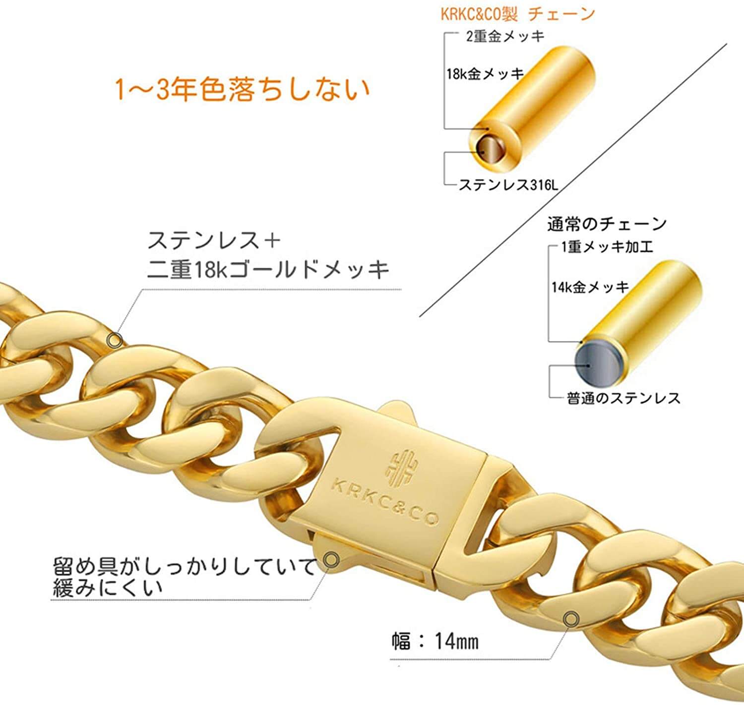 14mm マイアミ 4面 喜平 ネックレス メンズ お洒落留め具 KRKC
