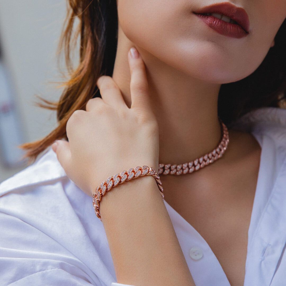 KRKC 【セット】 8mm 喜平 キューバンネックレス&ブレスレット ホワイトゴールド レディース