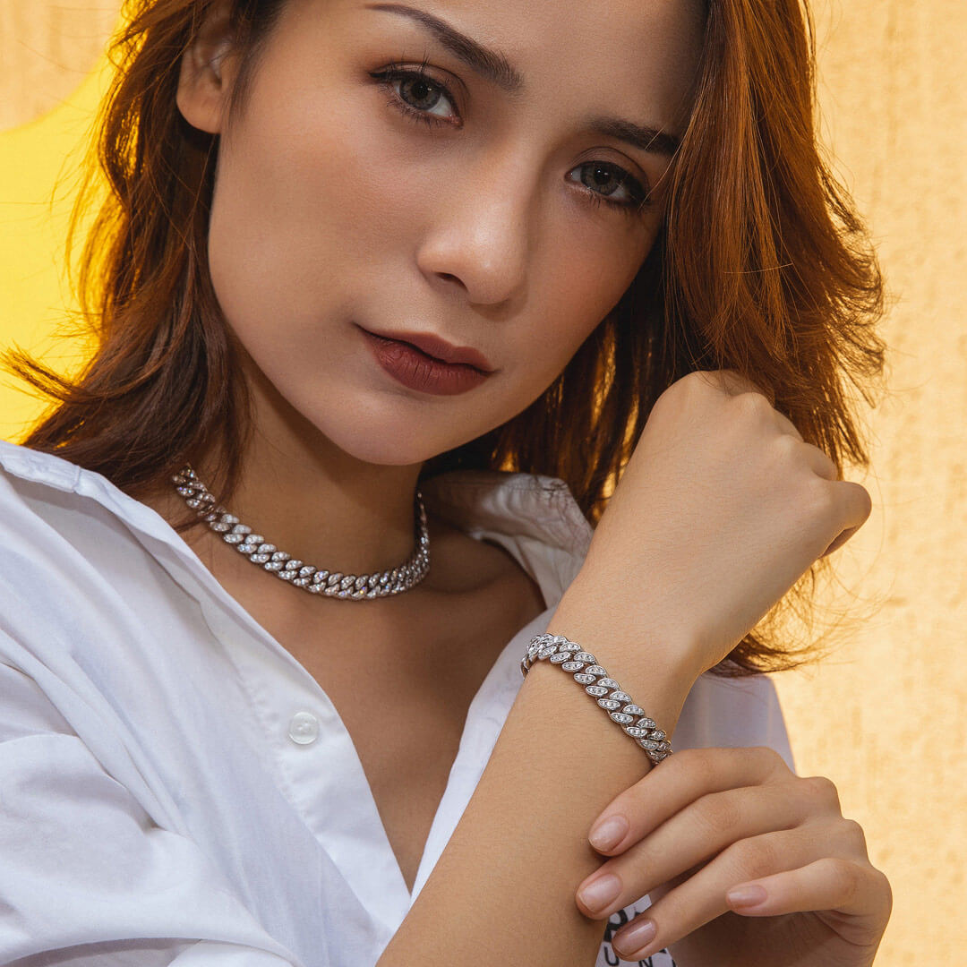 KRKC 【セット】 8mm 喜平 キューバンネックレス&ブレスレット ホワイトゴールド レディース