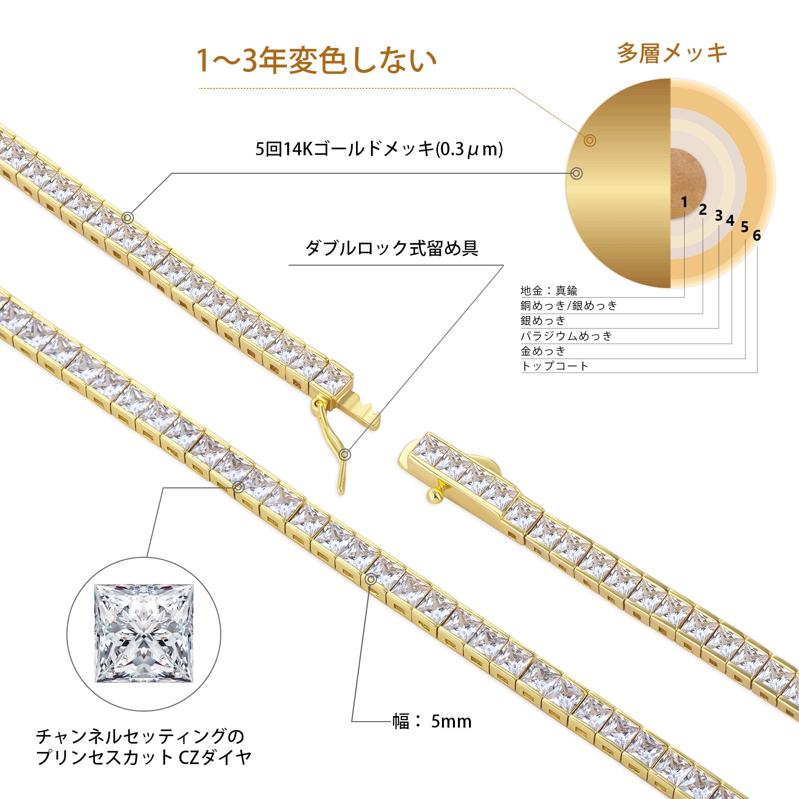 幅5mm プリンセスカット テニス ブレスレット KRKC