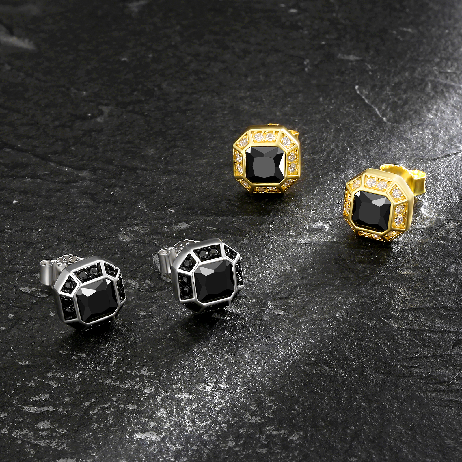 幅8.5mm シルバー925 ブラックCZ スタッド ピアス メンズ KRKC