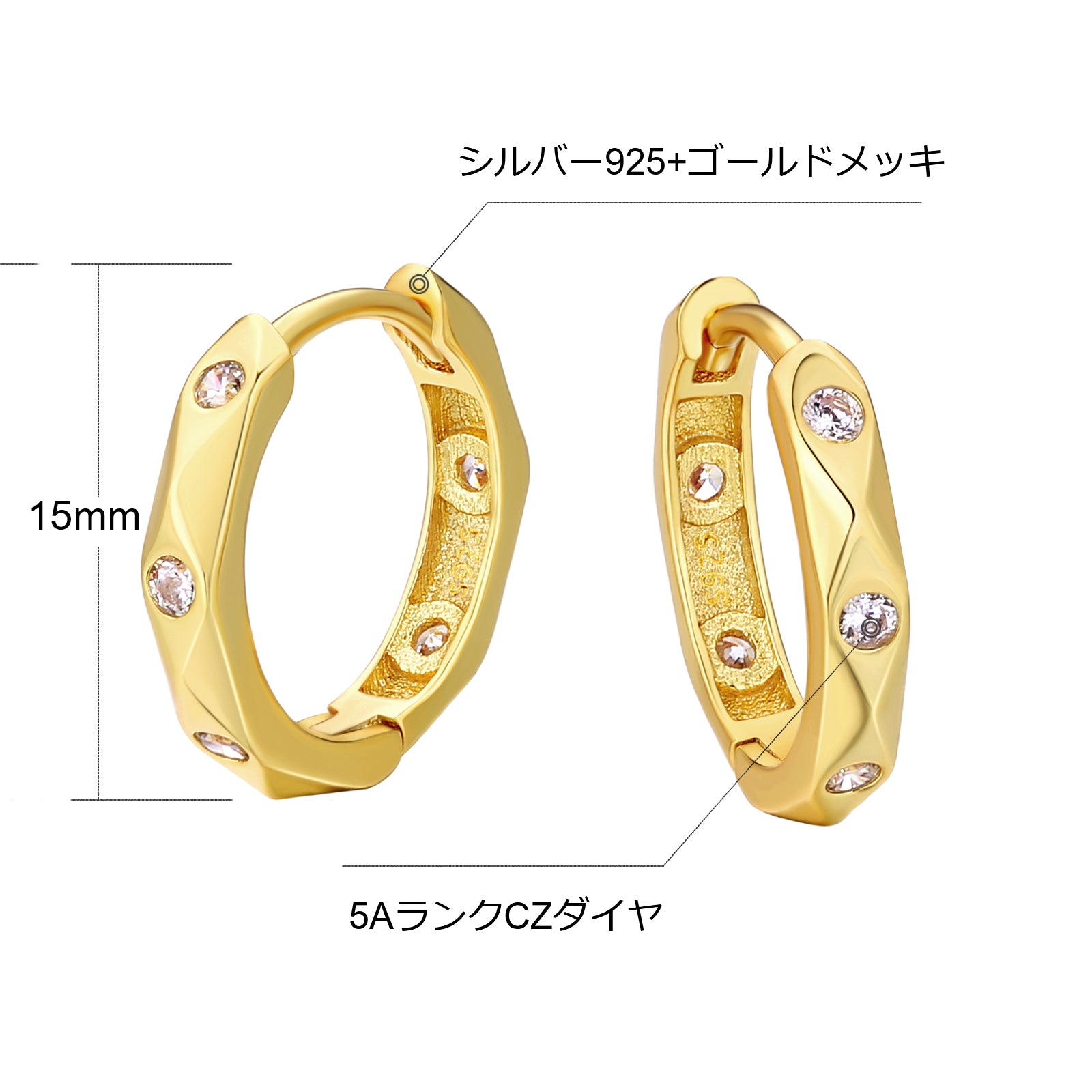 15mm CZダイヤ ピアス シルバー 925 フープ ピアス KRKC