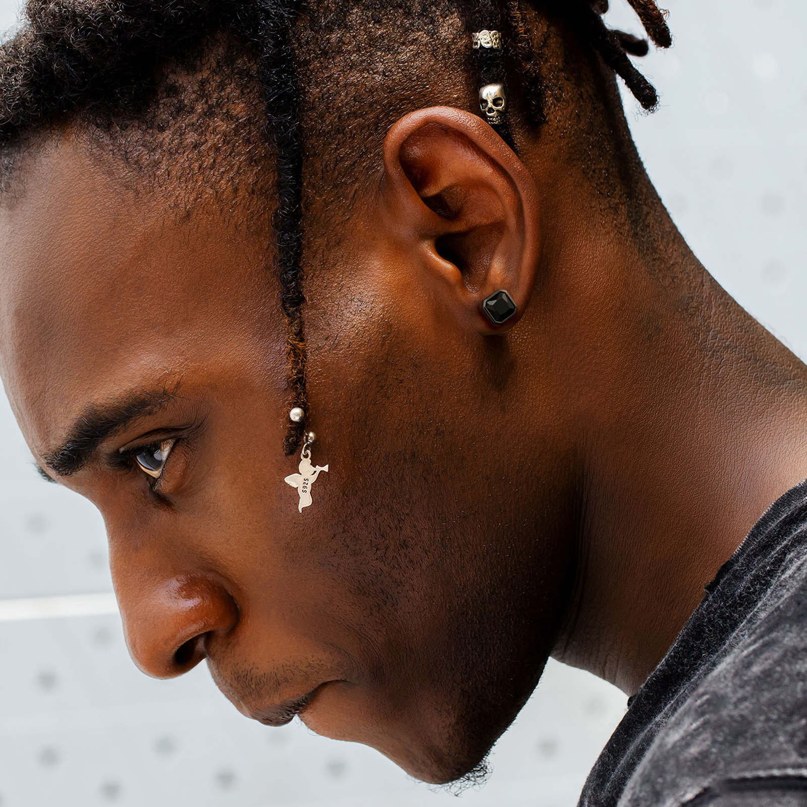 幅7.5mm シルバー925 ブラックCZ スタッド ピアス メンズ KRKC