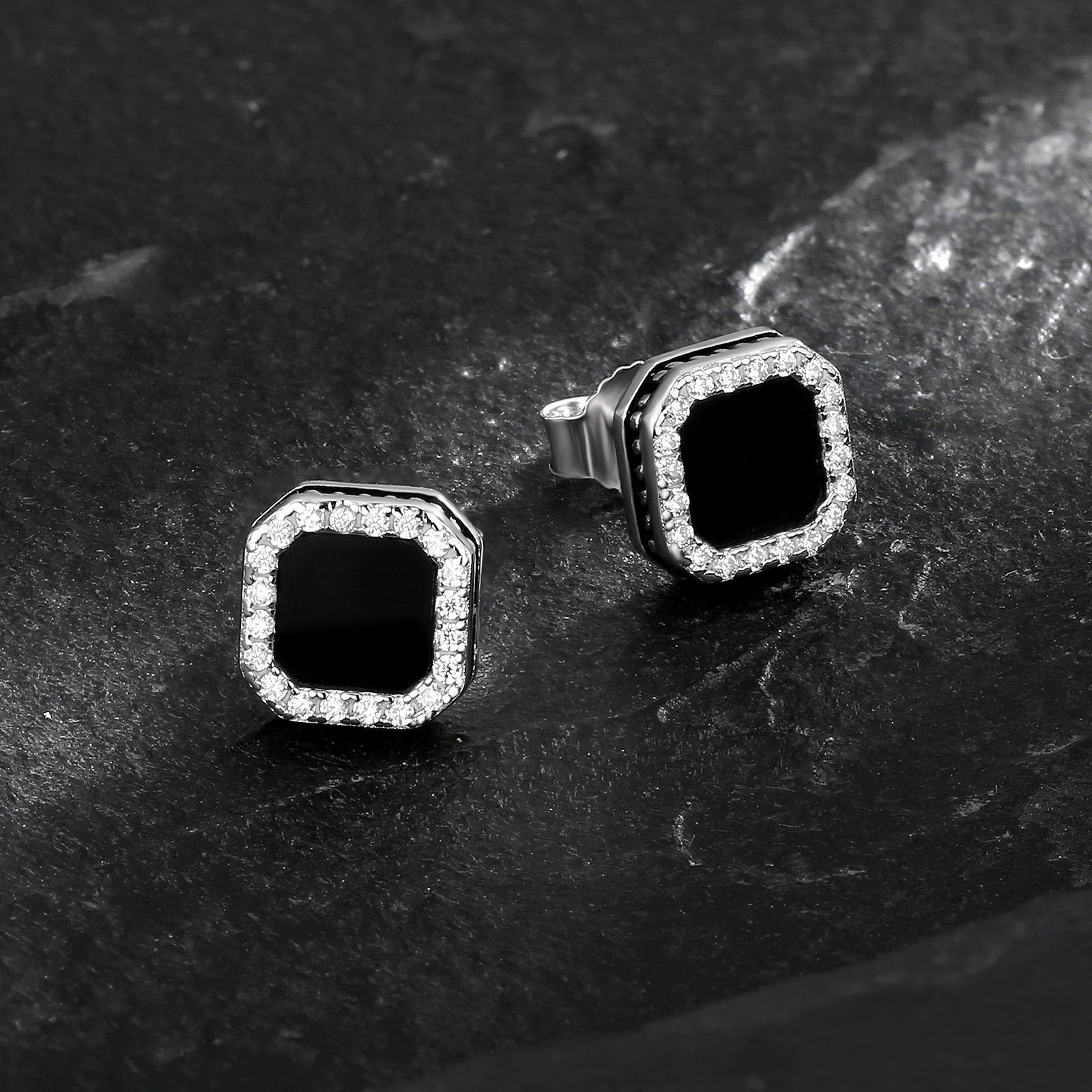 幅8.5mm シルバー925 ブラックCZ スタッド ピアス メンズ KRKC