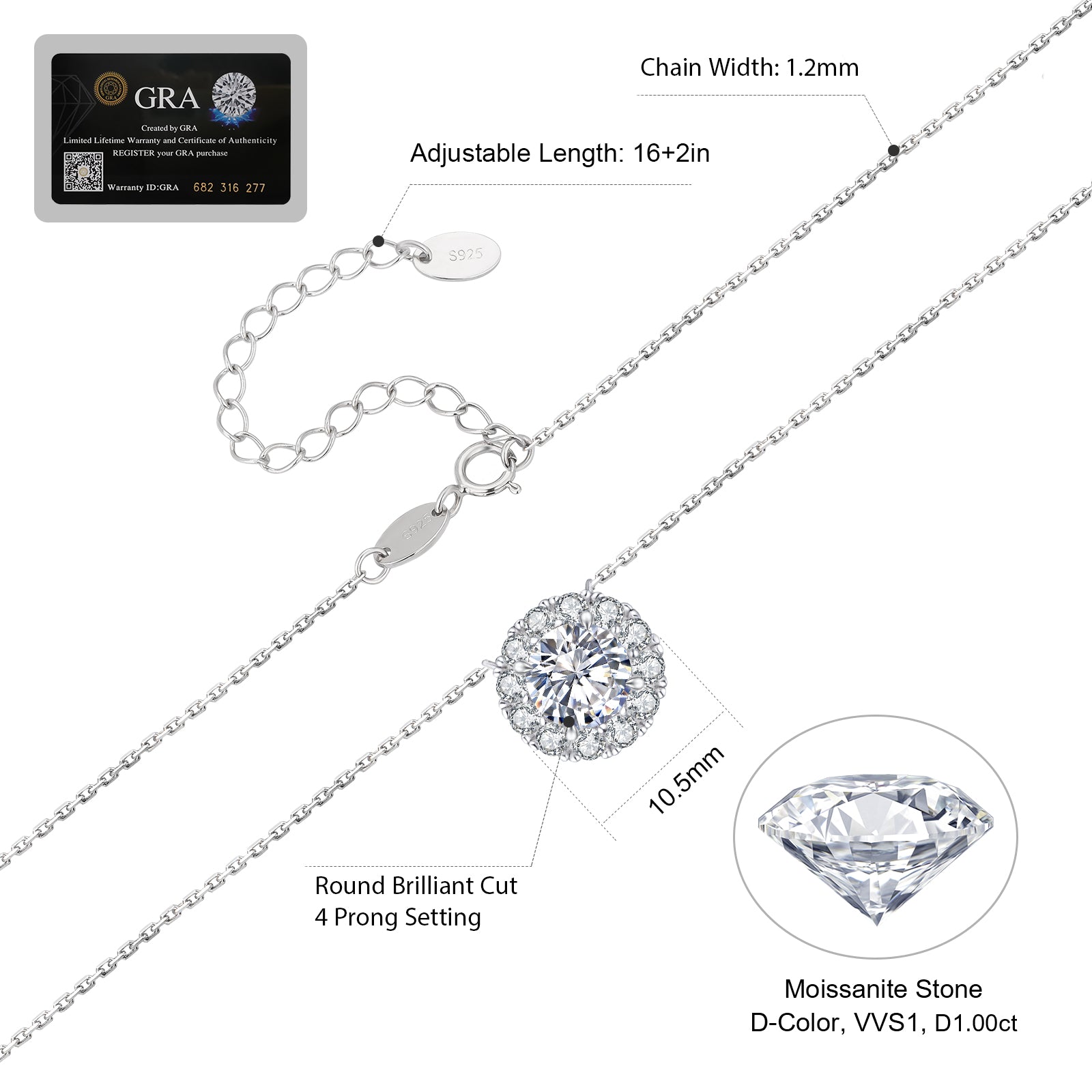 1カラット モアサナイト ペンダント ネックレス レディース VVS1  KRKC