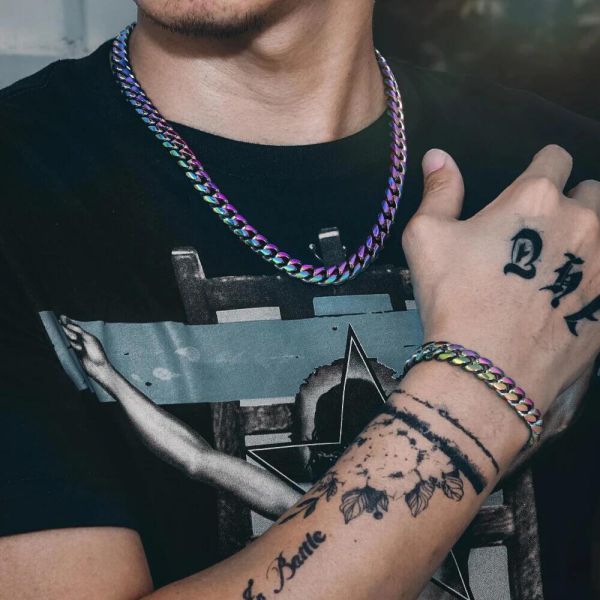 KRKC 【セット】 10mm ステンレス 喜平キューバンネックレス&ブレスレット マルチカラー メンズ