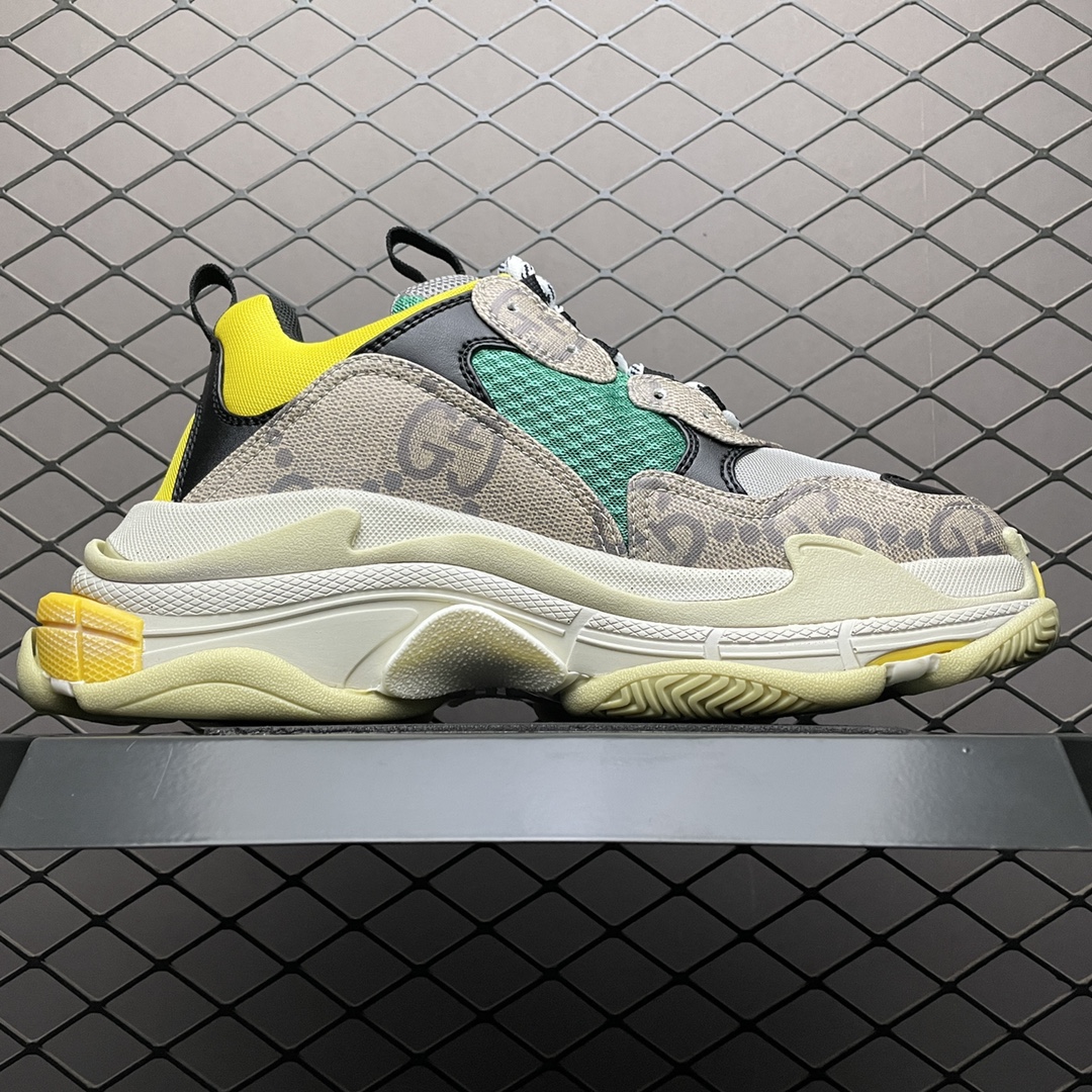 GUCCI × Balenciaga The Hacker Project Triple S "Beige/Green/Yellow"（681067-UMO20-9766）