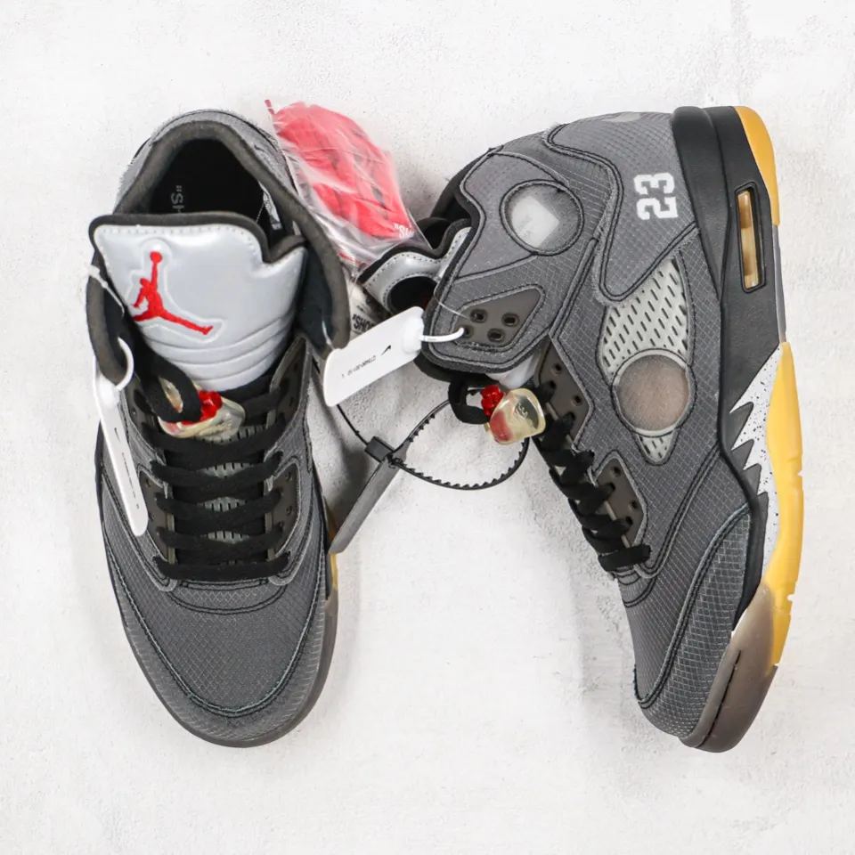 Off-White × Nike Air Jordan 5 "Black/Muslin/Fire Red" (CT8480-001)