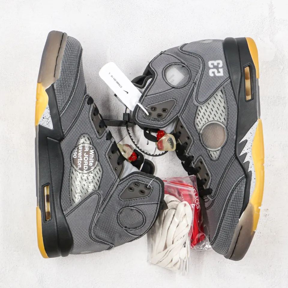 Off-White × Nike Air Jordan 5 "Black/Muslin/Fire Red" (CT8480-001)