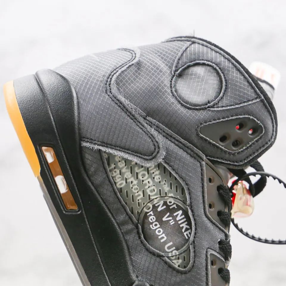 Off-White × Nike Air Jordan 5 "Black/Muslin/Fire Red" (CT8480-001)