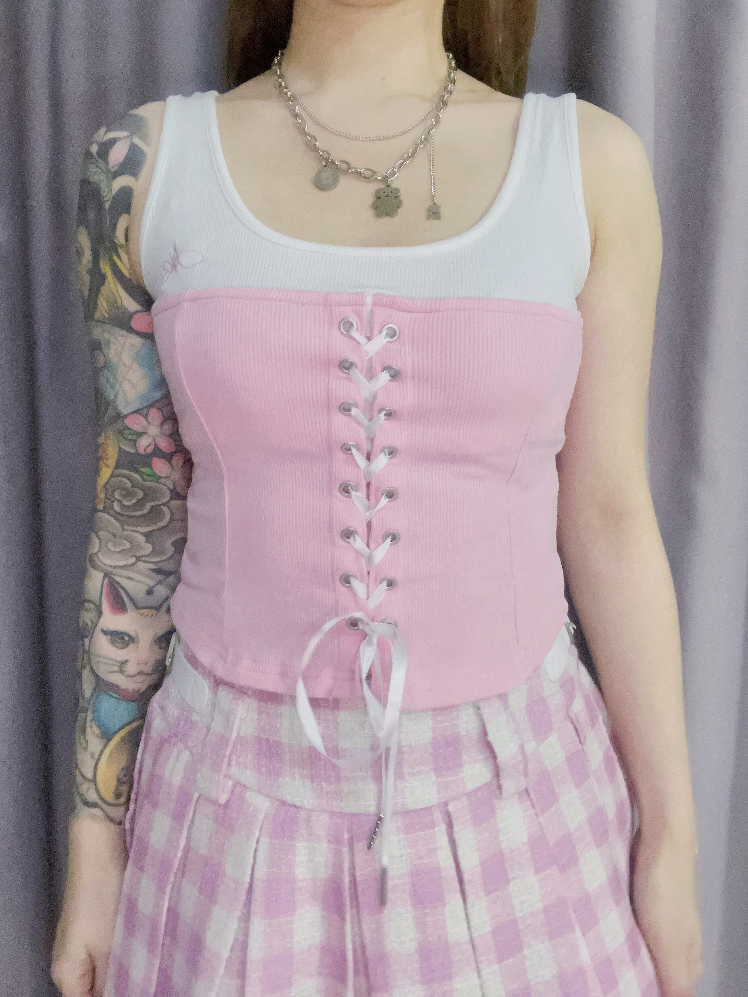 White Pink Top + Checkered Skorts Set
