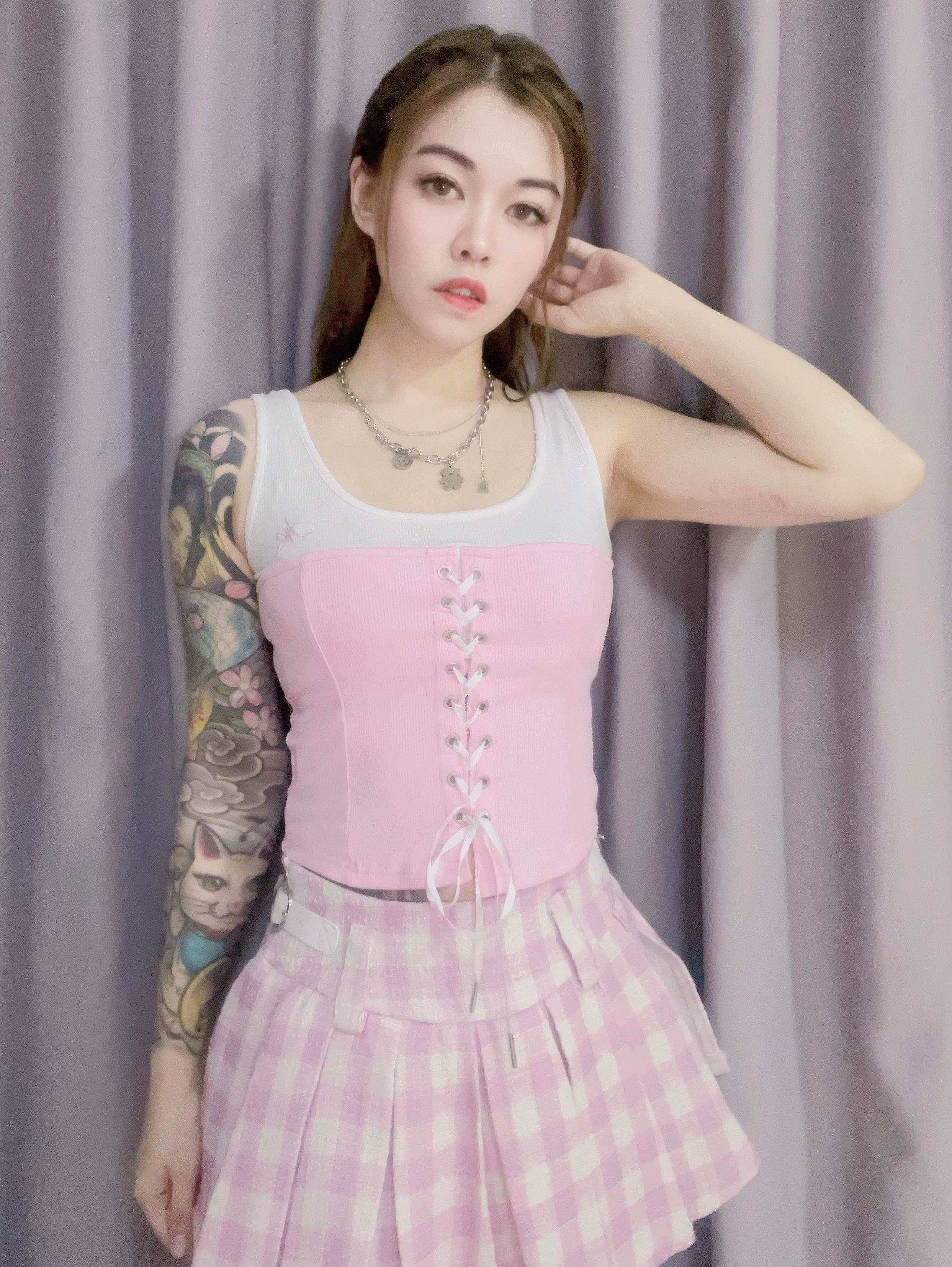 White Pink Top + Checkered Skorts Set