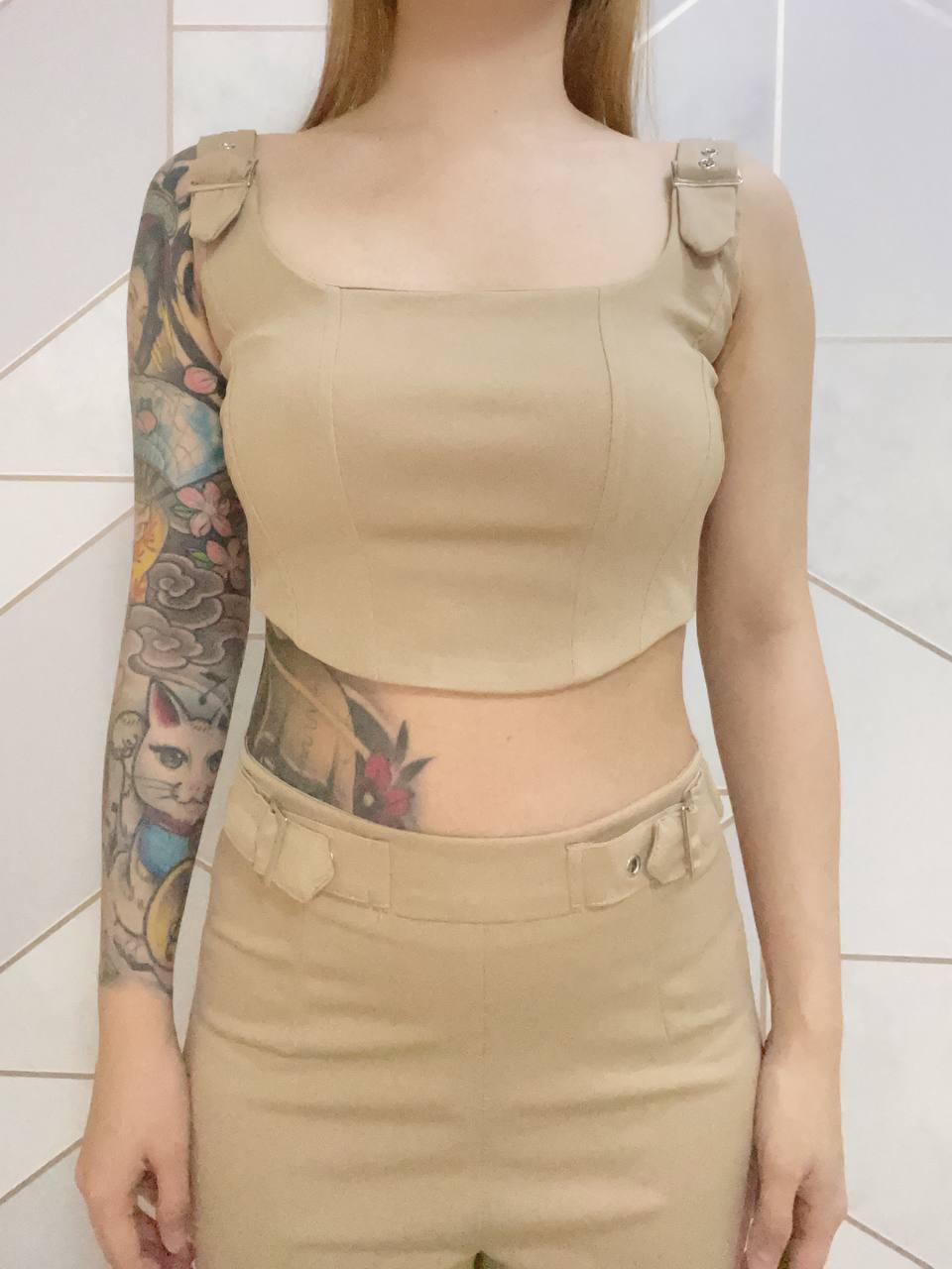 Khaki Belted Top & Pants Set