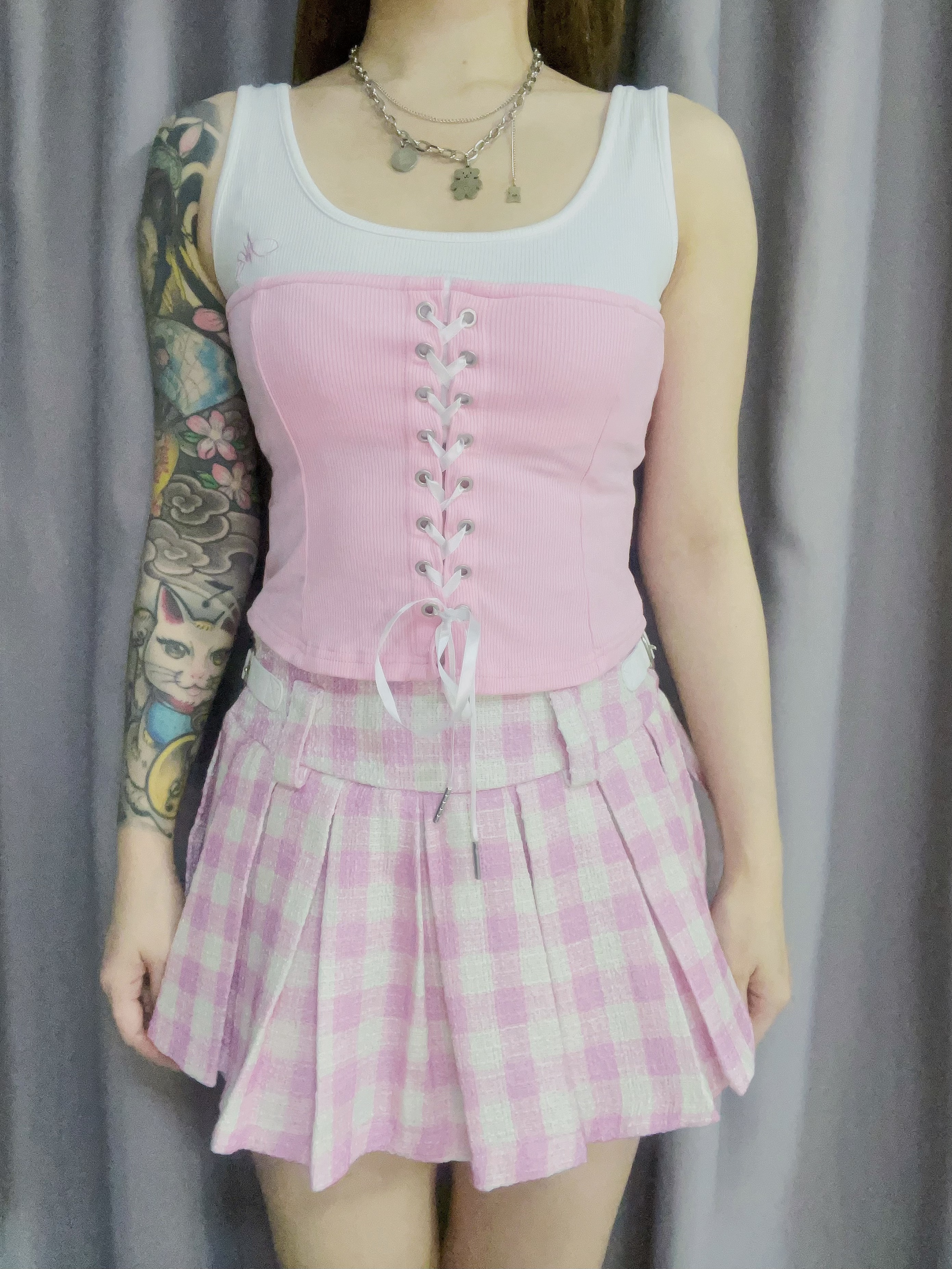 White Pink Top + Checkered Skorts Set