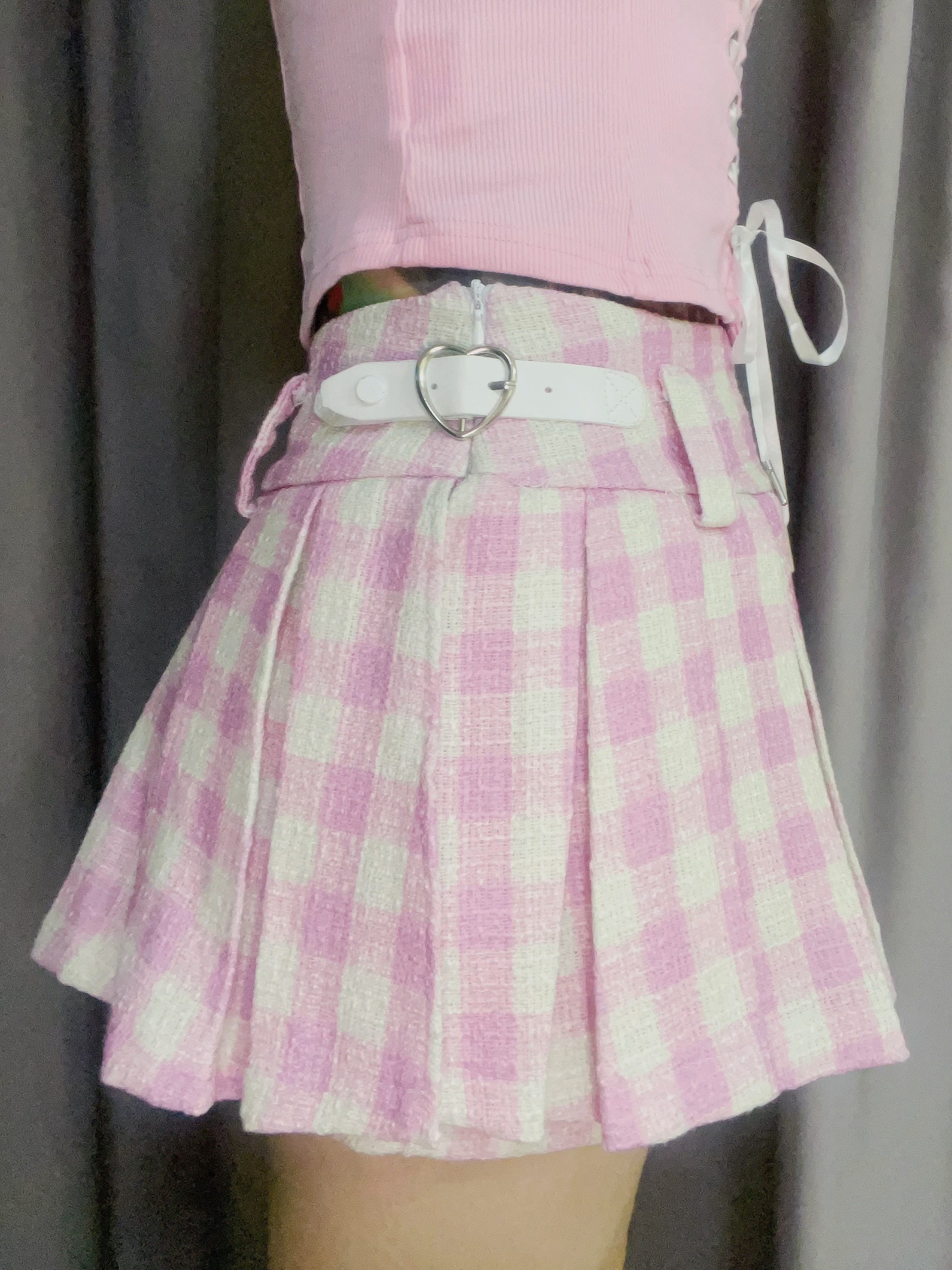White Pink Top + Checkered Skorts Set