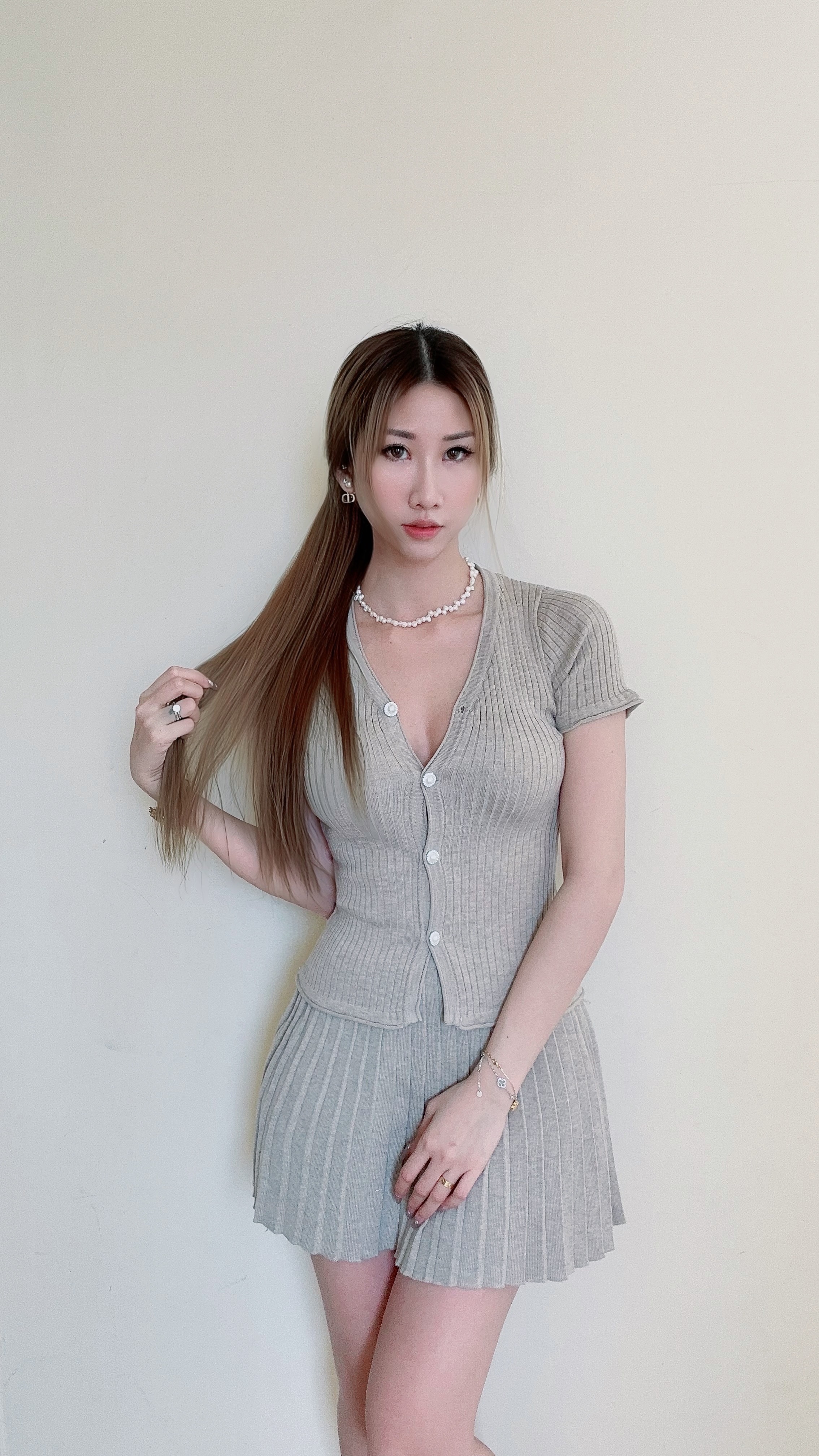 Knitted Top with Pearl Buttons & Pleated Skirt Set