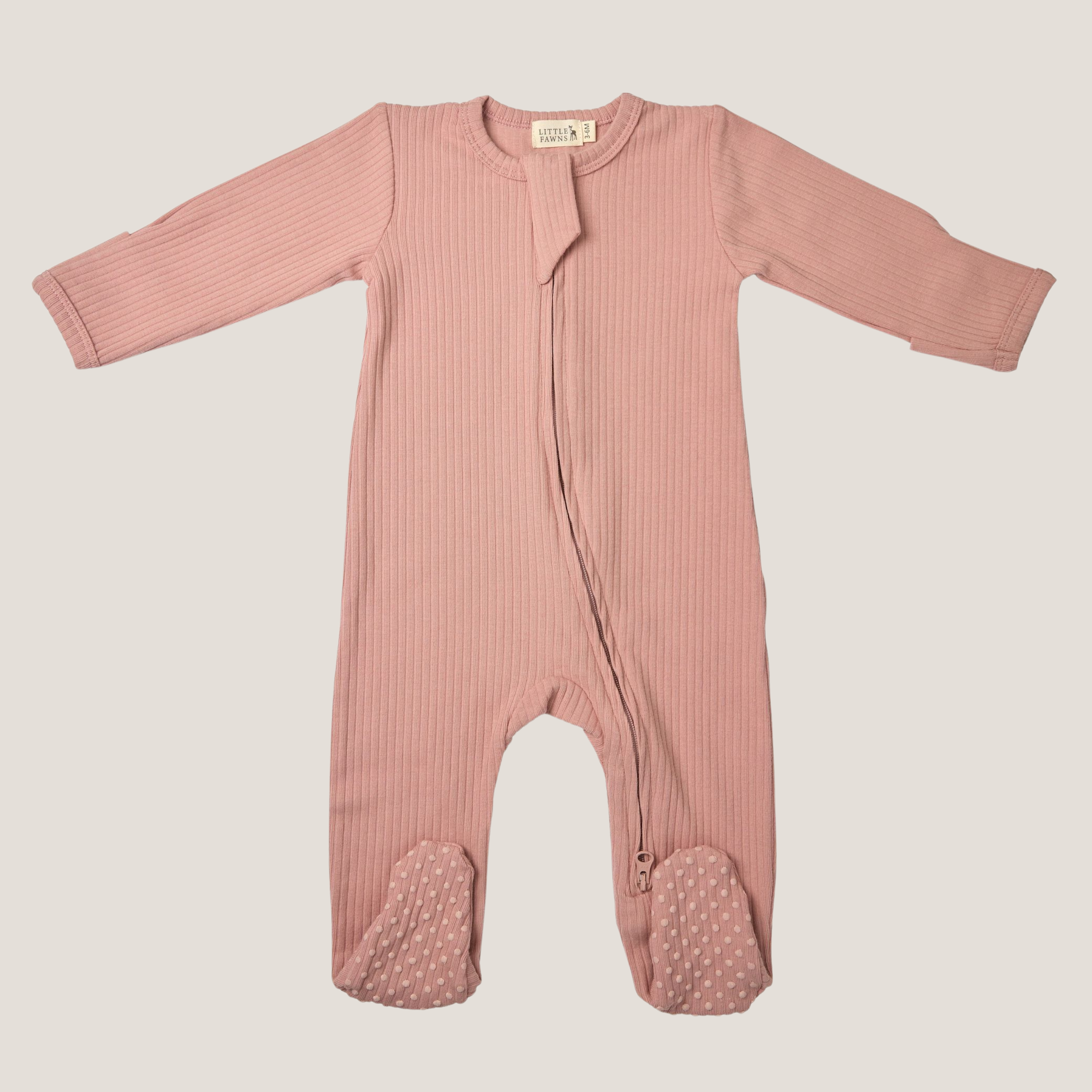 Ribbed Zip-Up Footed Sleepsuit in Dusty Pink