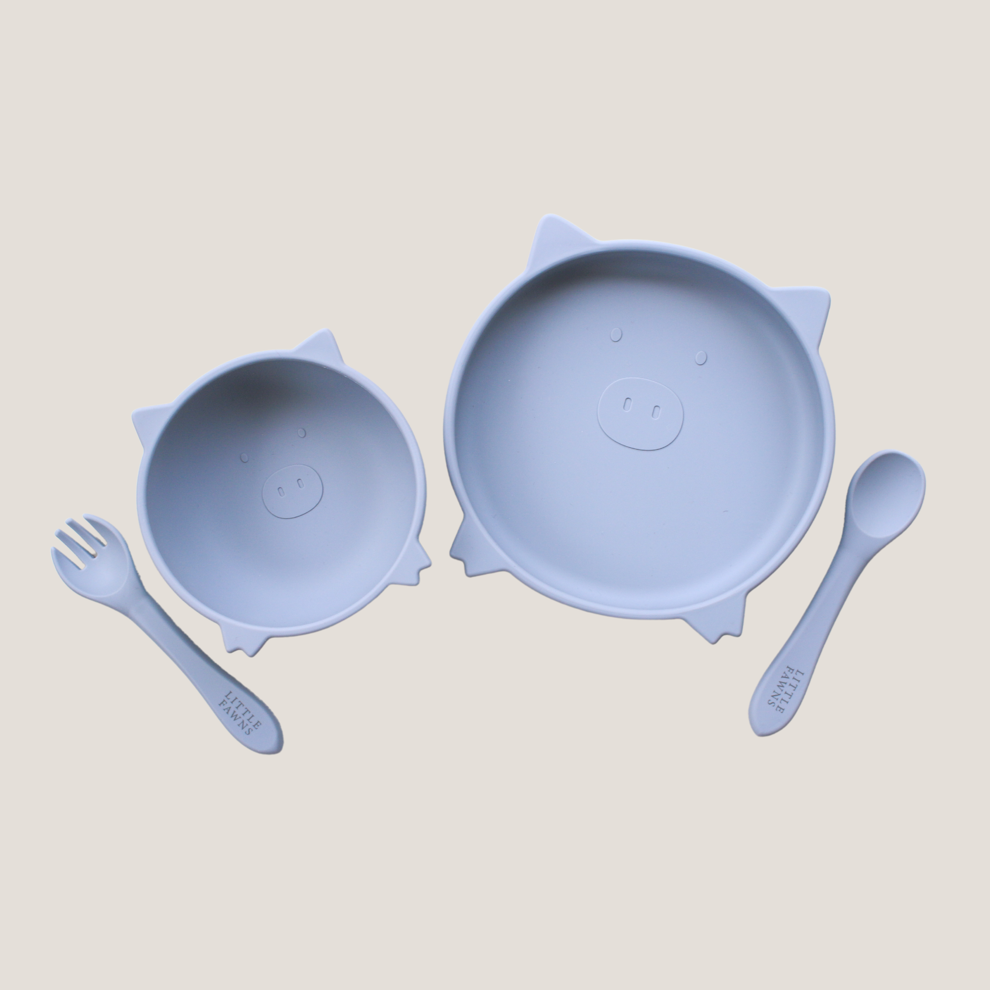 Silicone Suction Pig Bowl & Plate Set in Steel Blue