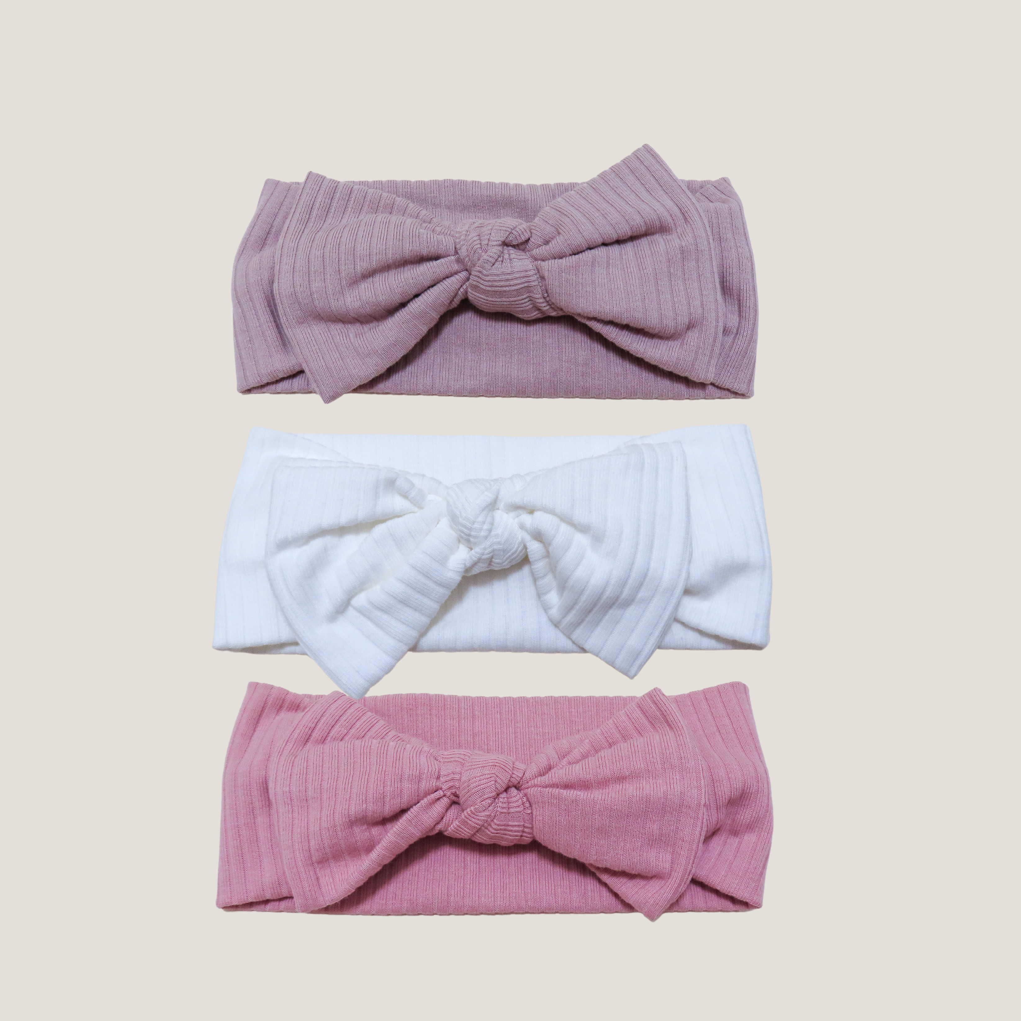 Ribbed Baby Bow Headband Bundle (Light Plum, Winter White, Dusty Pink)
