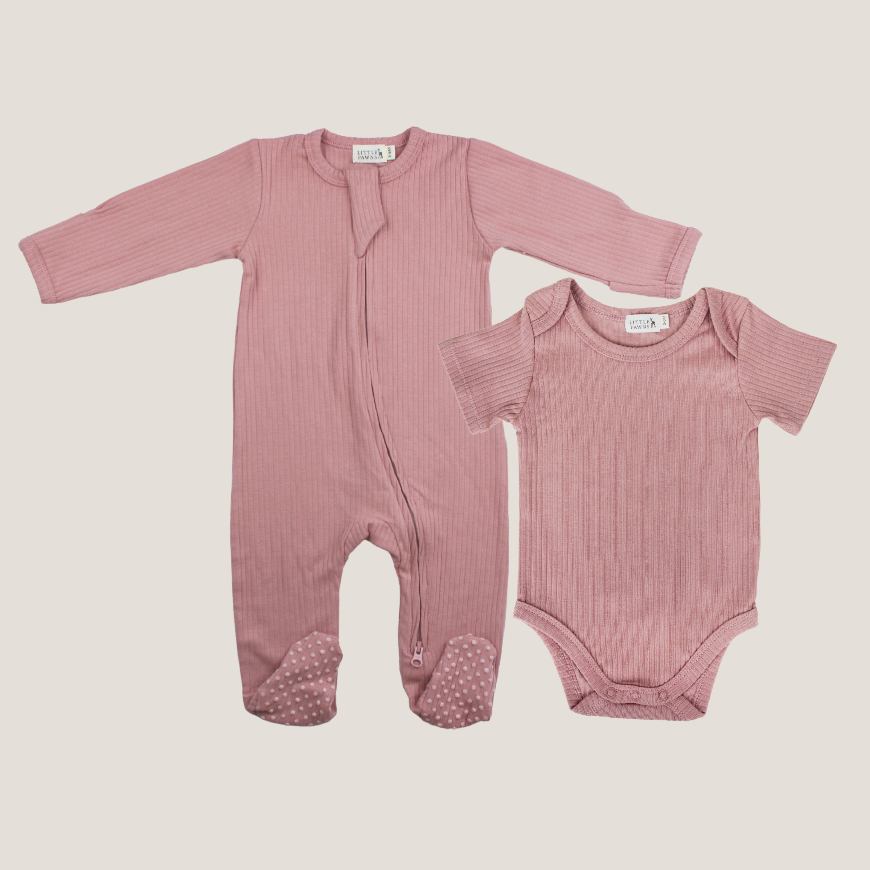Ribbed Short Sleeve Romper & Ribbed Zip-Up Footed Romper (Dusty Pink)