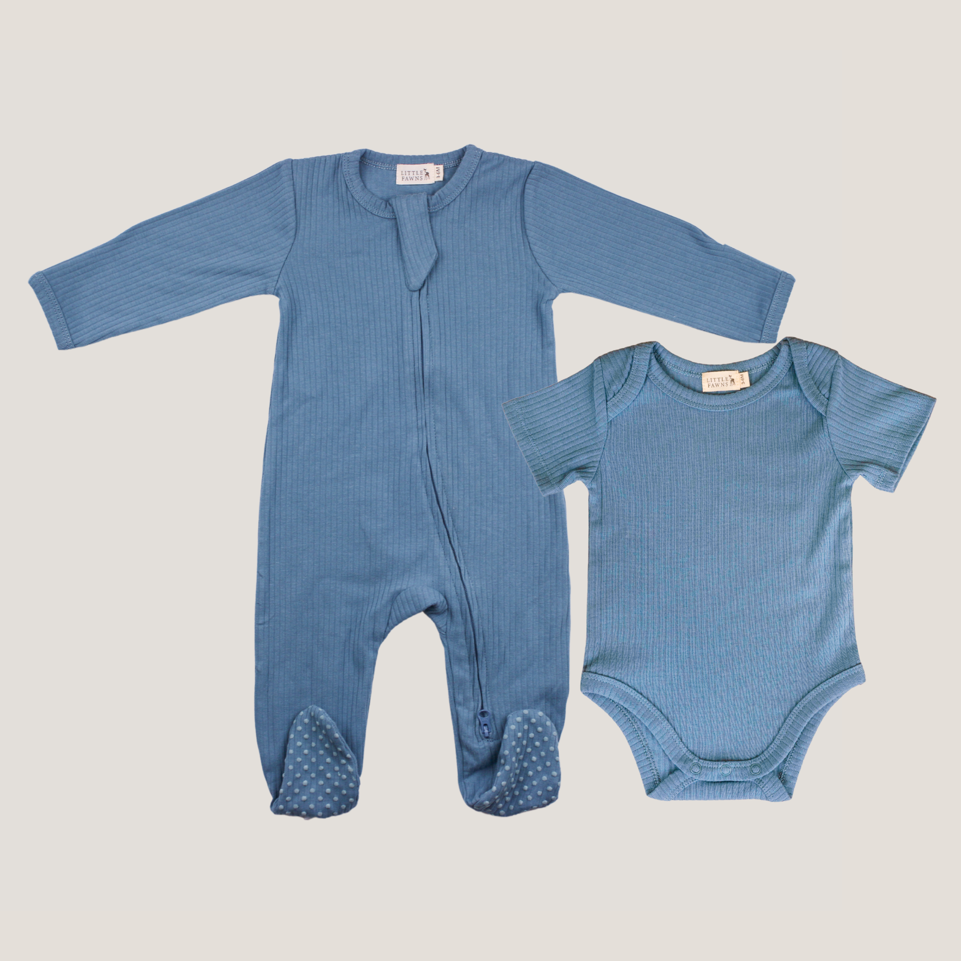 Ribbed Short Sleeve Romper & Ribbed Zip-Up Footed Sleepsuit (Emerald Blue)