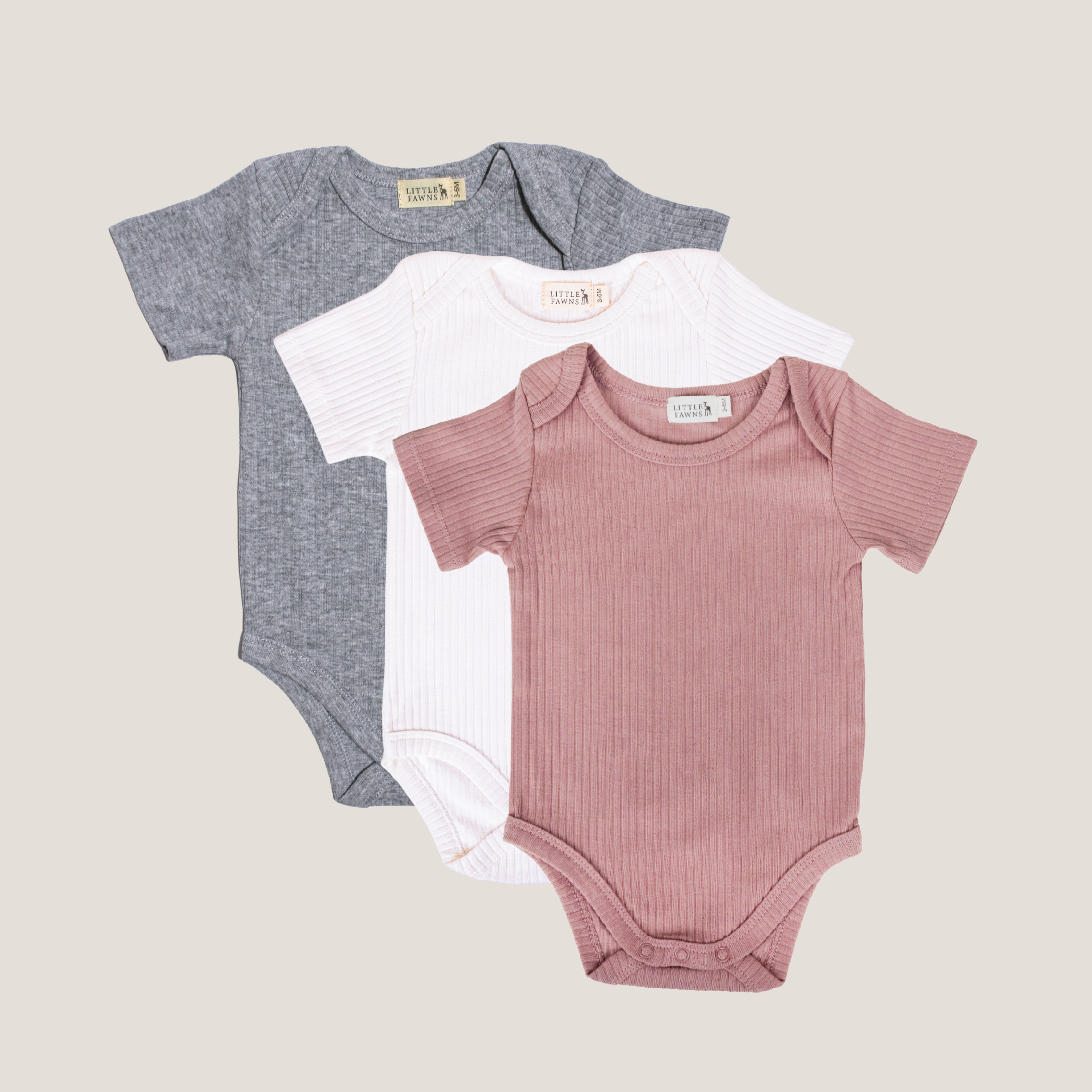 Ribbed Short Sleeve Romper Bundle (Dusty Pink, Winter White and Classic Grey)