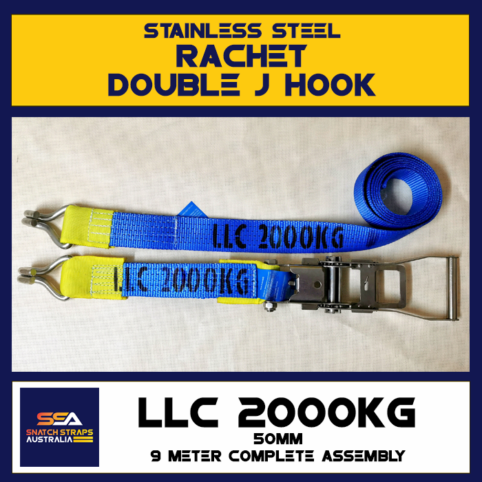 Stainless steel ratchet with double J hook, 50mm wide blue strap labeled 'LLC 2000KG', 9 meters complete assembly.