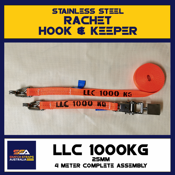 Stainless steel ratchet with hook and keeper, 25mm wide orange strap labeled 'LLC 1000KG', 4 meters complete assembly.
