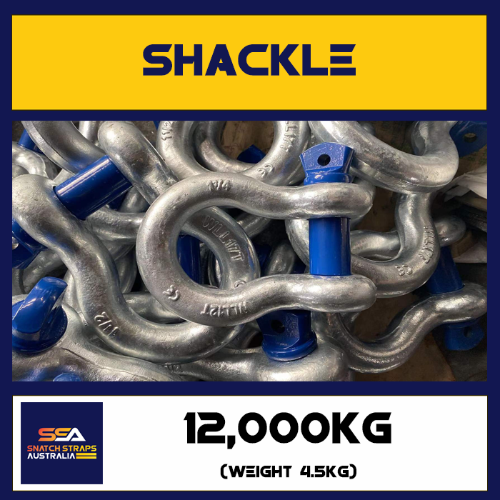Metal shackles with blue pins, labeled 'WLL 17T', 12,000 kg capacity.