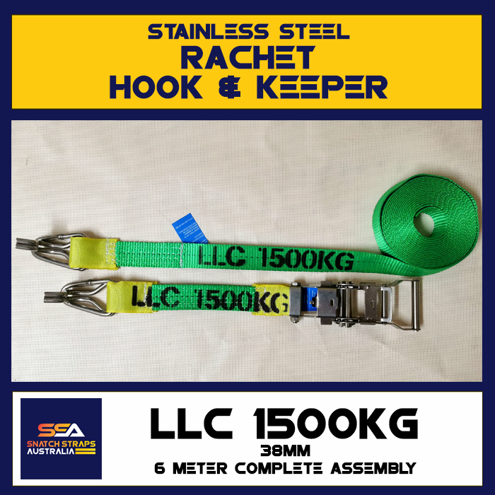 Stainless steel ratchet with hook and keeper, 38mm wide green strap labeled 'LLC 1500KG', 6 meters complete assembly.