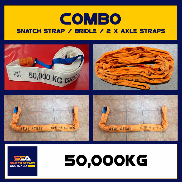 Combo pack including a 50,000 kg snatch strap, orange bridle strap, and two orange axle straps with blue ends.