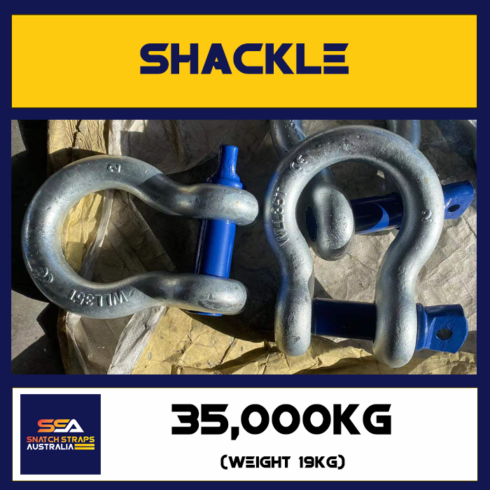 Metal shackles with blue pins, labeled 'WLL 35T', 35,000 kg capacity.