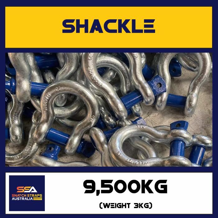 Metal shackles with blue pins, labeled 'WLL 35T', 9,500 kg capacity.