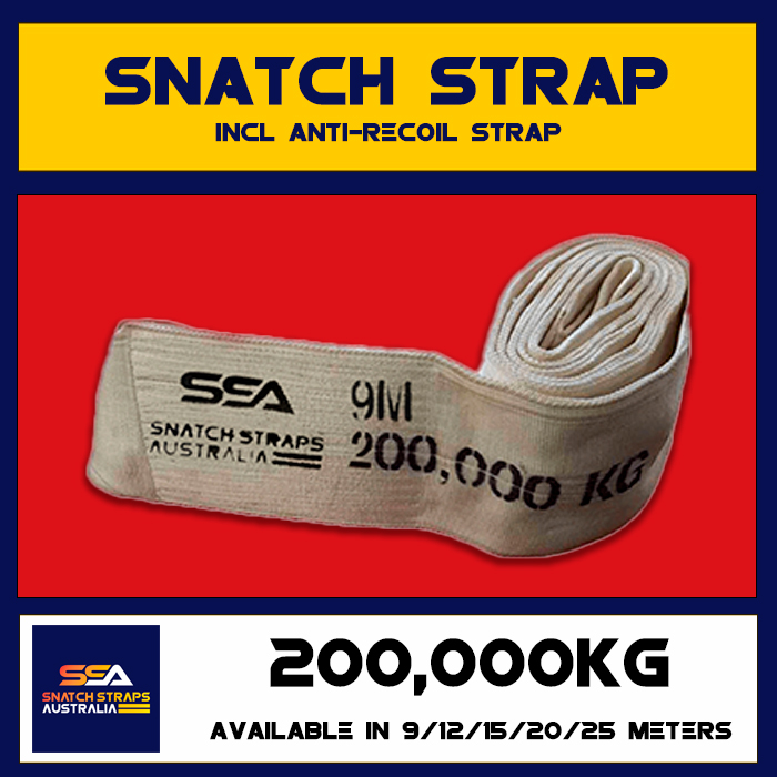 Snatch strap with anti-recoil feature, 200,000 kg capacity, labeled SSA Snatch Straps Australia, 9 meters. Available in 9/12/15/20/25 meters.