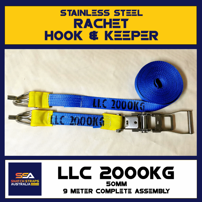 Stainless steel ratchet with hook and keeper, 50mm wide blue strap labeled 'LLC 2000KG', 9 meters complete assembly.