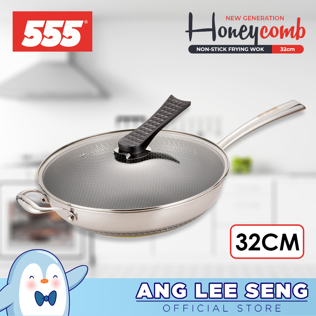555 Honeycomb Non-Stick Ceramic 304/430 Stainless Steel Frying Wok 32cm with Self-Standing Tempered Glass Lid