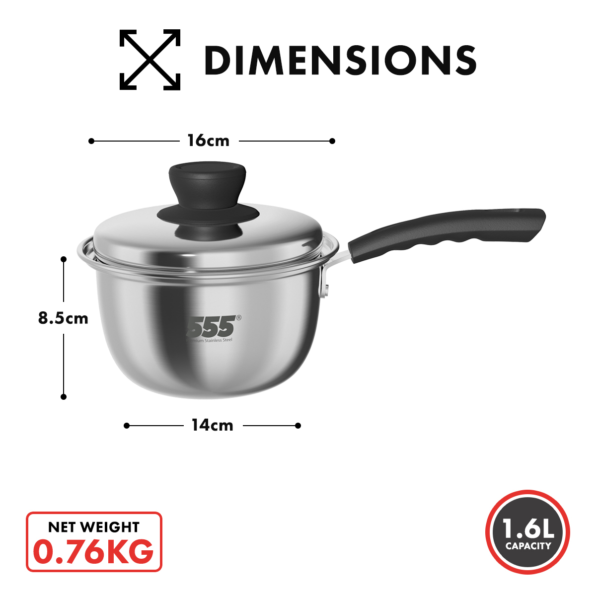 555 Premium Stainless Steel Saucepan - 304 Stainless Steel 0.88mm Thickness