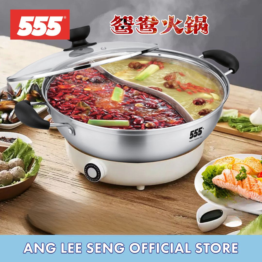 555 Stainless Steel Yuanyang 2-Sided Hot Pot & Free Amark Stainless Steel Strainer & Ladle Bundle Set