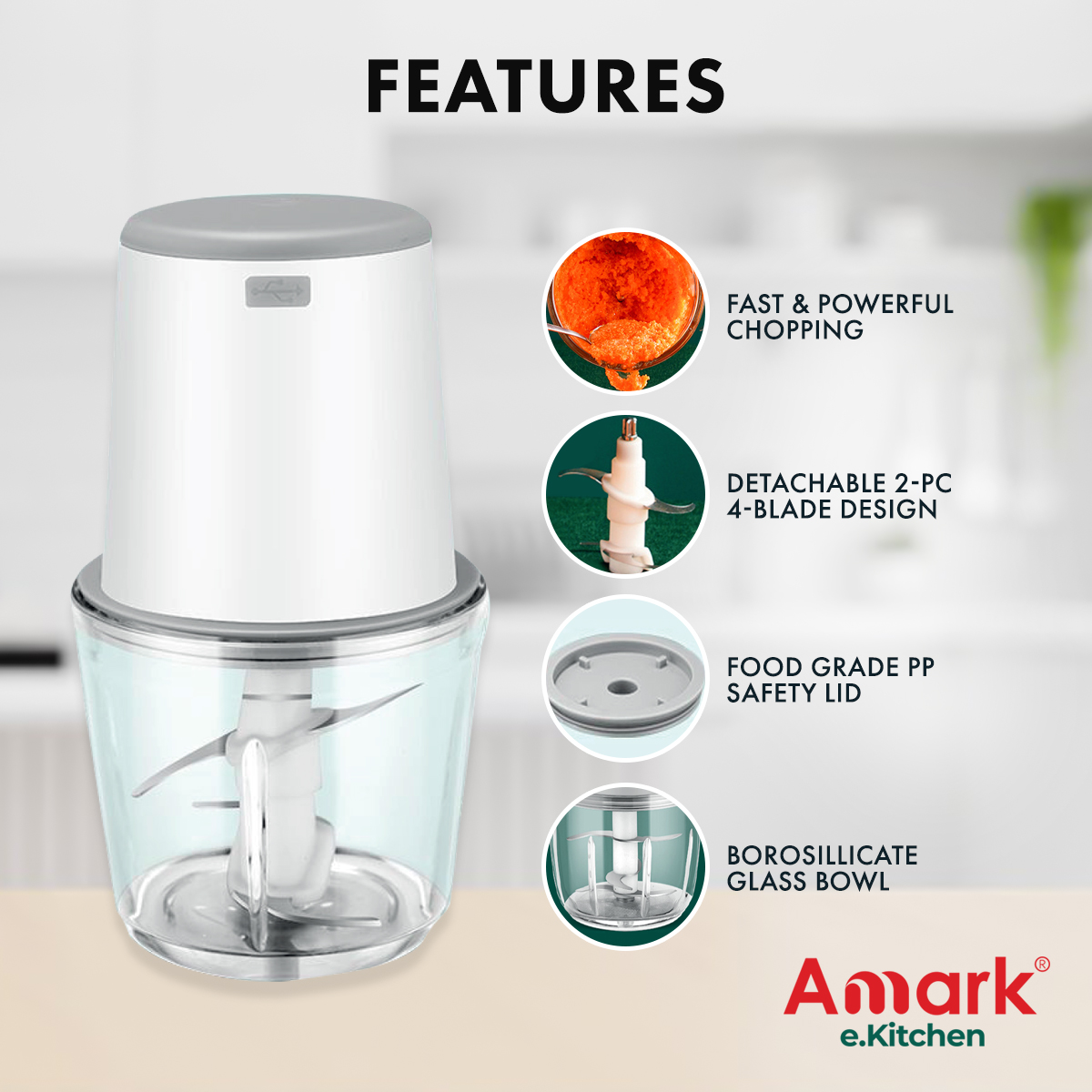 Amark e.Kitchen Cordless USB-Rechargeable Mini Food Chopper with 600ml Glass Bowl