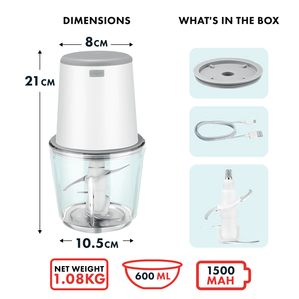 Amark e.Kitchen Cordless USB-Rechargeable Mini Food Chopper with 600ml Glass Bowl