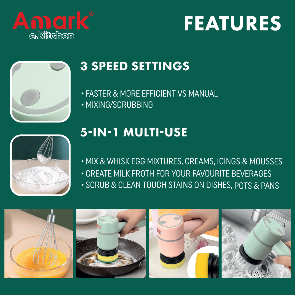 Amark e.Kitchen Cordless USB-Rechargeable Multi-Use Mixer & Scrubber - 5pc Attachments Set