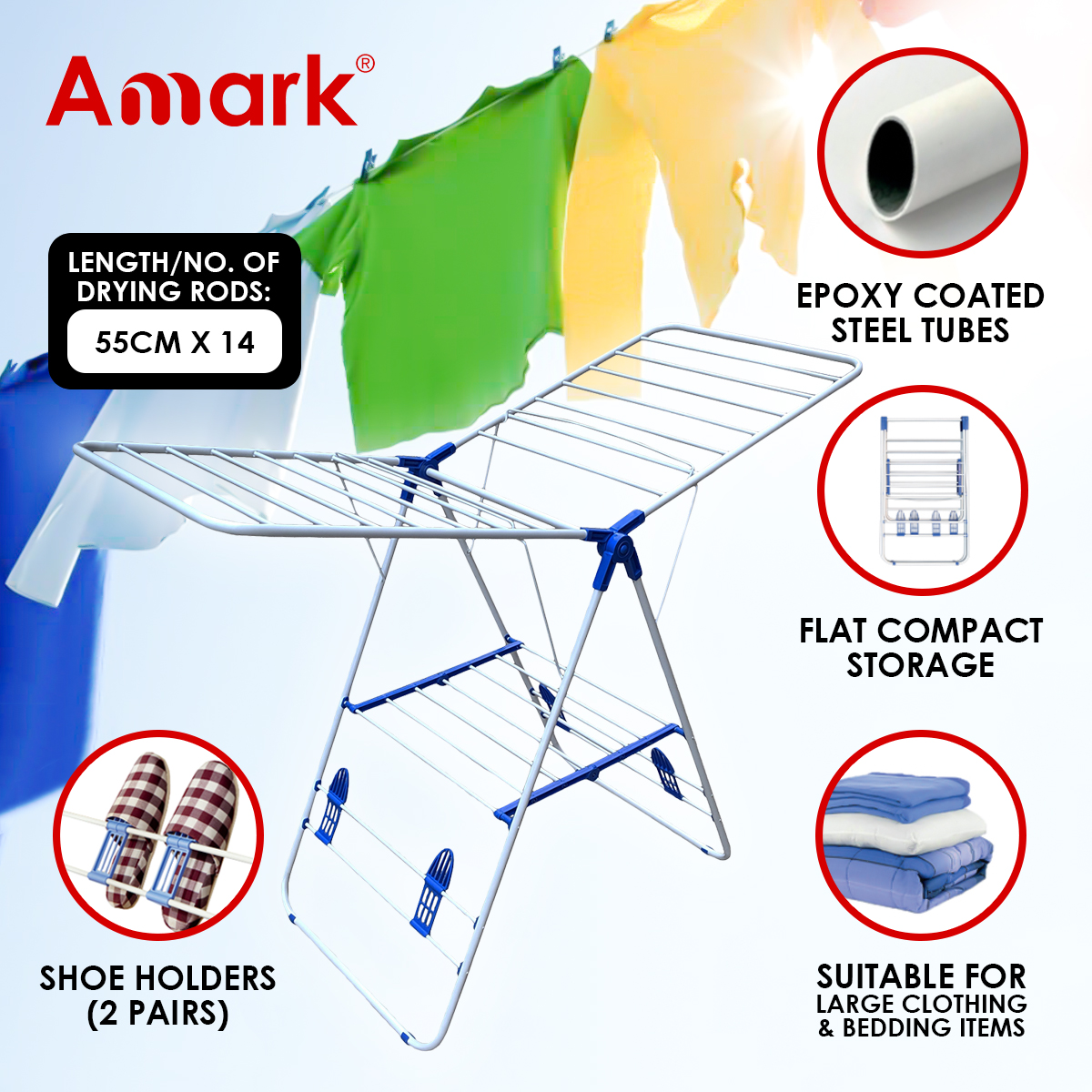 Amark Heavy-Duty Epoxy Steel Dual-Wing Clothes Dryer with Shoe Holders 145x55x95 cm